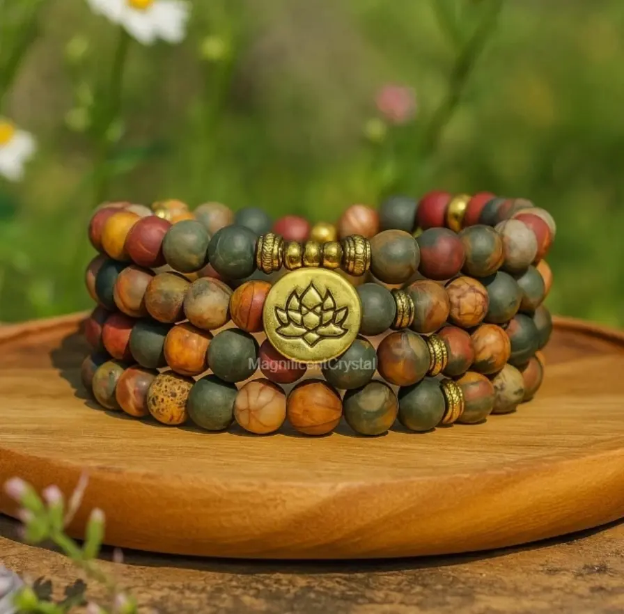 Vintage Natural Red Creek Jasper Stone Bracelet - 108 Beads, Elastic Fit, 36 Inches, Stone Texture, Spiritual Wear Mala Jewelry Gift for Women
