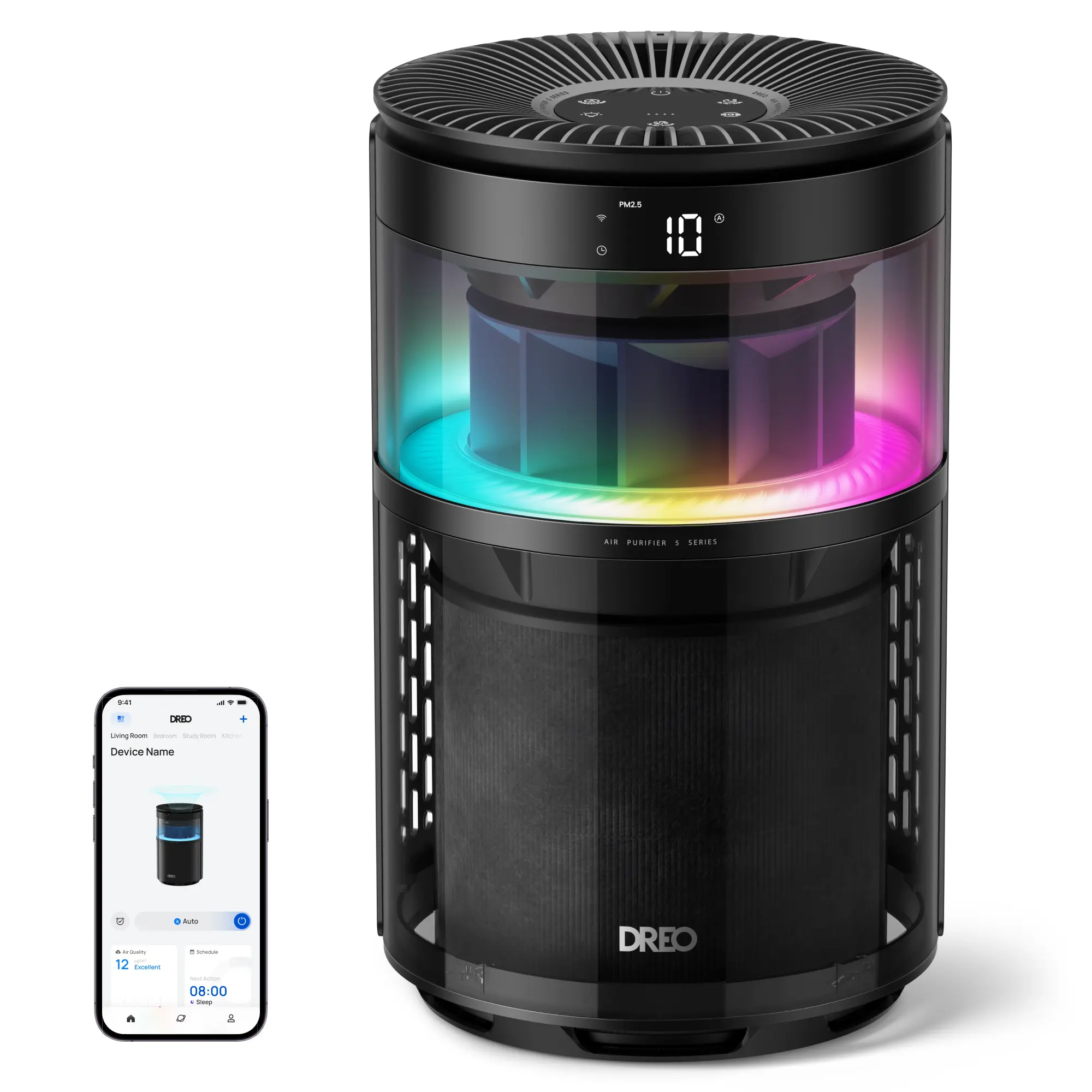 DREO Smart Air Purifier 530S With RGBIC Light,Home HEPA Air Cleaner with Wi-Fi/Voice/Alexa,Smoke,Dust,Pollen,Odor,PM2.5 Quality Monitor,4 Fan Speeds & Auto/Turbo/18dB Quiet Sleep Modes,DR-HAP010S