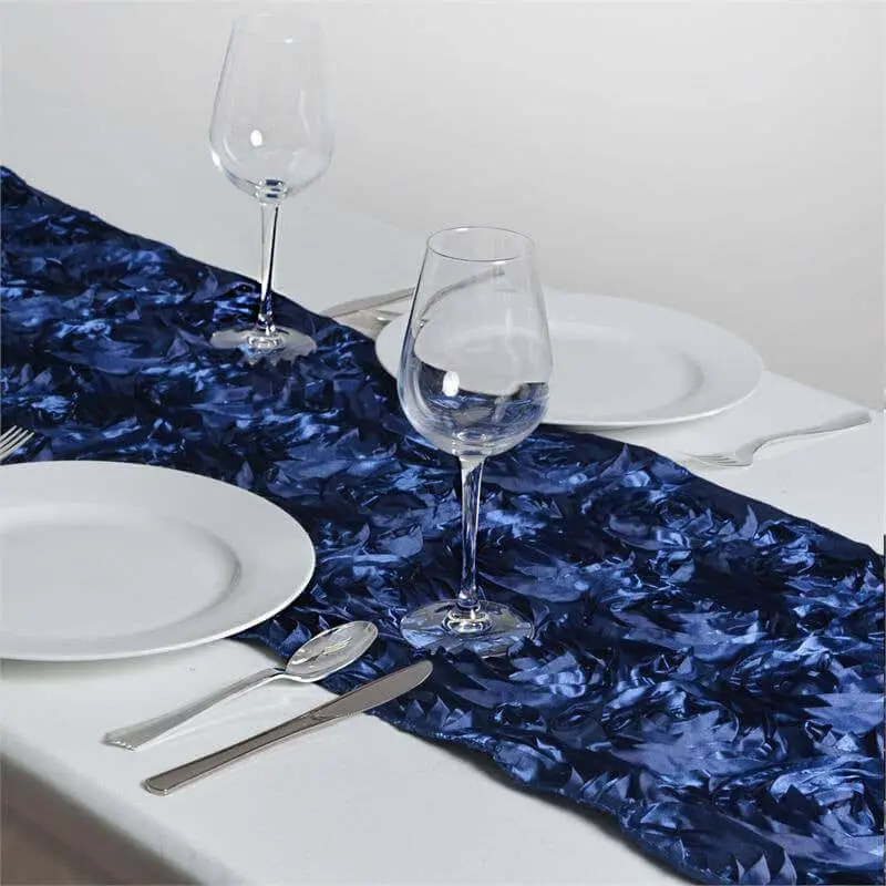 Navy Blue Rosette Satin Table Runner, 14"x108" Grandiose Fabric Table Decor for Banquet, Party, Wedding Decoration