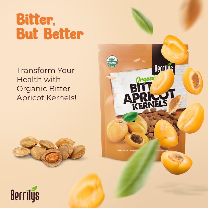 Berrilys Organic Bitter Apricot Kernels USDA Certified USDA Organic Free From Additives Sourced From Farmers Nutrient Dense Healthy Ingredient