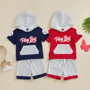Toddler Baby Boy Baseball Outfits Short Sleeve Play Ball Hoodie T Shirt Striped Jogger Shorts Set Summer Clothes