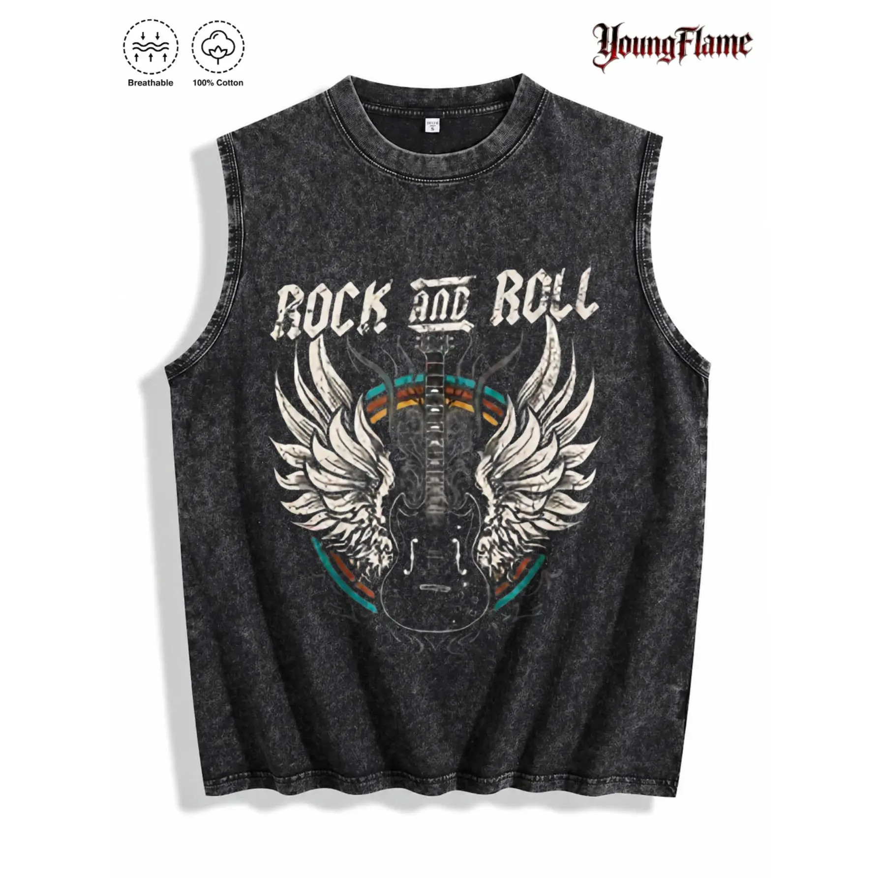 Men's Round Neck Retro Rock and Roll Guitar Wings Graphic Sleeveless T-Shirt - Acid Wash, Loose Fit, Aesthetic Casual Vintage Band Streetwear Summer Top