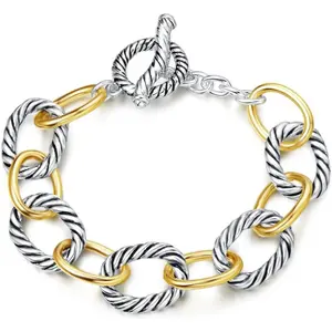 Two-Tone Twisted Cable Link Chain Bracelet for Women, Designer-Inspired Silver & Gold Bracelet, Adjustable 7.5" Jewelry