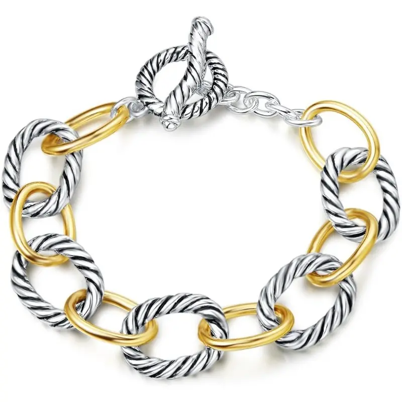 Women's Elegant Gold Plated Bangle Bracelet - 2-Tone Twisted Cable Link, Designer-Inspired Silver & Gold, 7.5" Adjustable Wristband Bracelets & Bangles, Daily Wear Fashion Accessory, Adjustable Minimalist Bangle, Wrist Stack