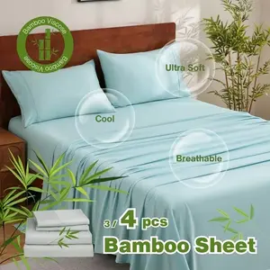 4 Piece Cooling Bamboo Bed Sheet Set, Extra Deep Pocket Soft Hotel Style Bedding, Breathable Sheets for Hot Sleepers, Fitted Sheet Flat Sheet Pillowcases, Fast Delivery