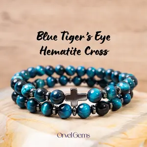 Protection Stone Bracelet with Hematite Cross - 6mm Gemstone Beads of Tiger's Eye, Lapis Lazuli, Black Onyx & Malachite | Spiritual Gift for Men, Women, Friends & Family for Halloween, Christmas, Thanksgiving | Crystal Healing Jewelry | Set of 2