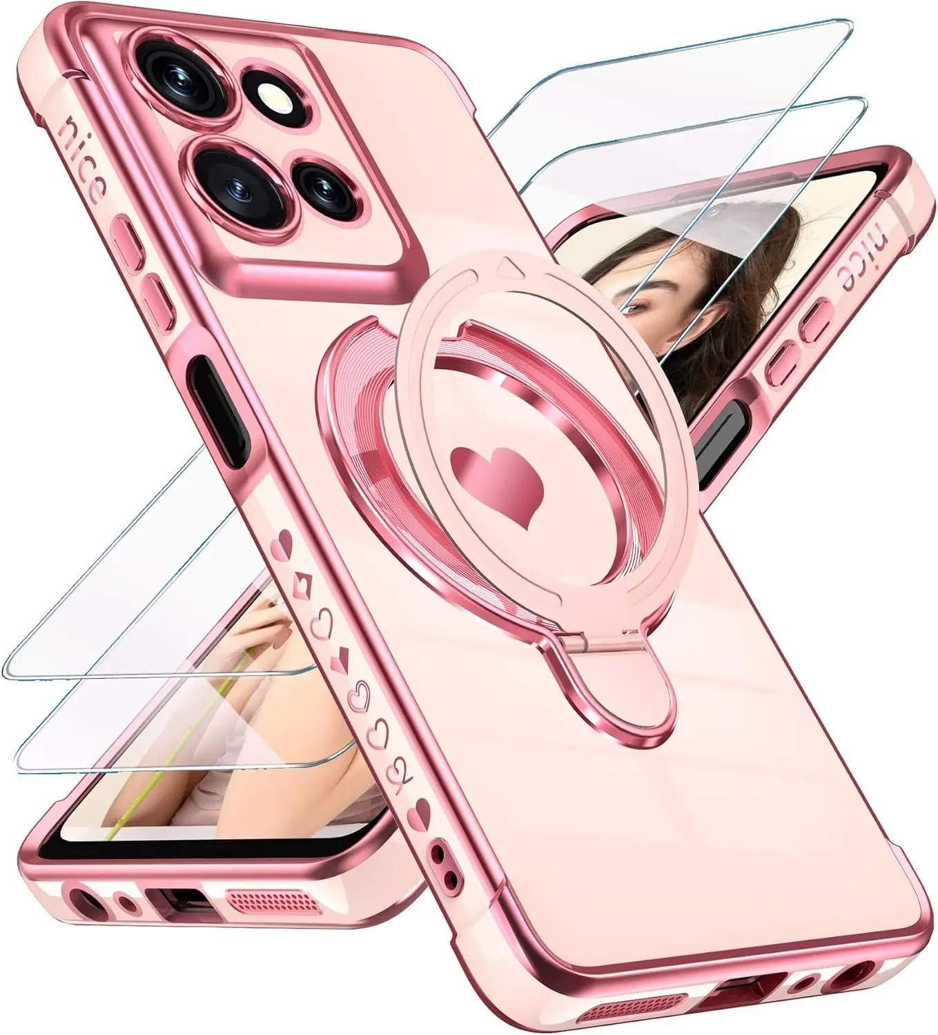Cute Plated Gold Phone Case for Motorola Moto G 5G 2026 - Pink | Screen Protector+Ring Metal Kickstand,Love Heart Pattern,Slim Soft TPU Full Camera Protection Cover for Moto G Play 2026 6.7"