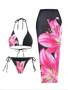 Three-piece Set Women's Plants Print Bikini Set, Casual Fashion Chic Swimsuit Set, Ladies Swimwear for Beach Holiday Vacation, Floral Swimsuit