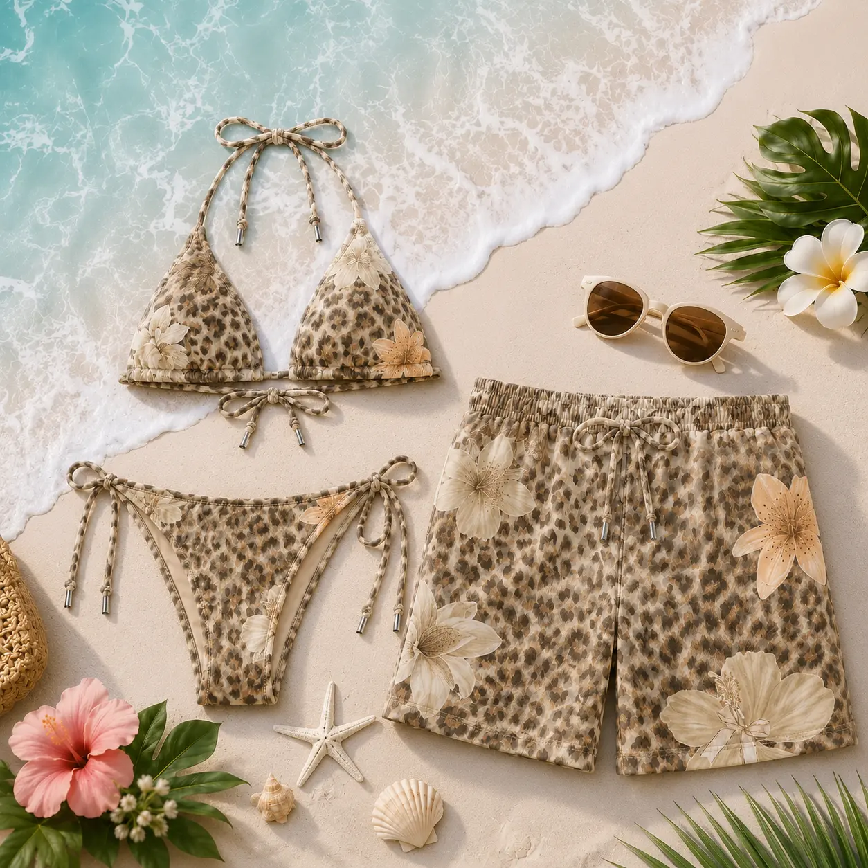 Couple Matching Swimwear Set - Women's Leopard Floral Bikini, Men's Swim Shorts, Trendy Beach Vacation, Summer Pool Party Gift