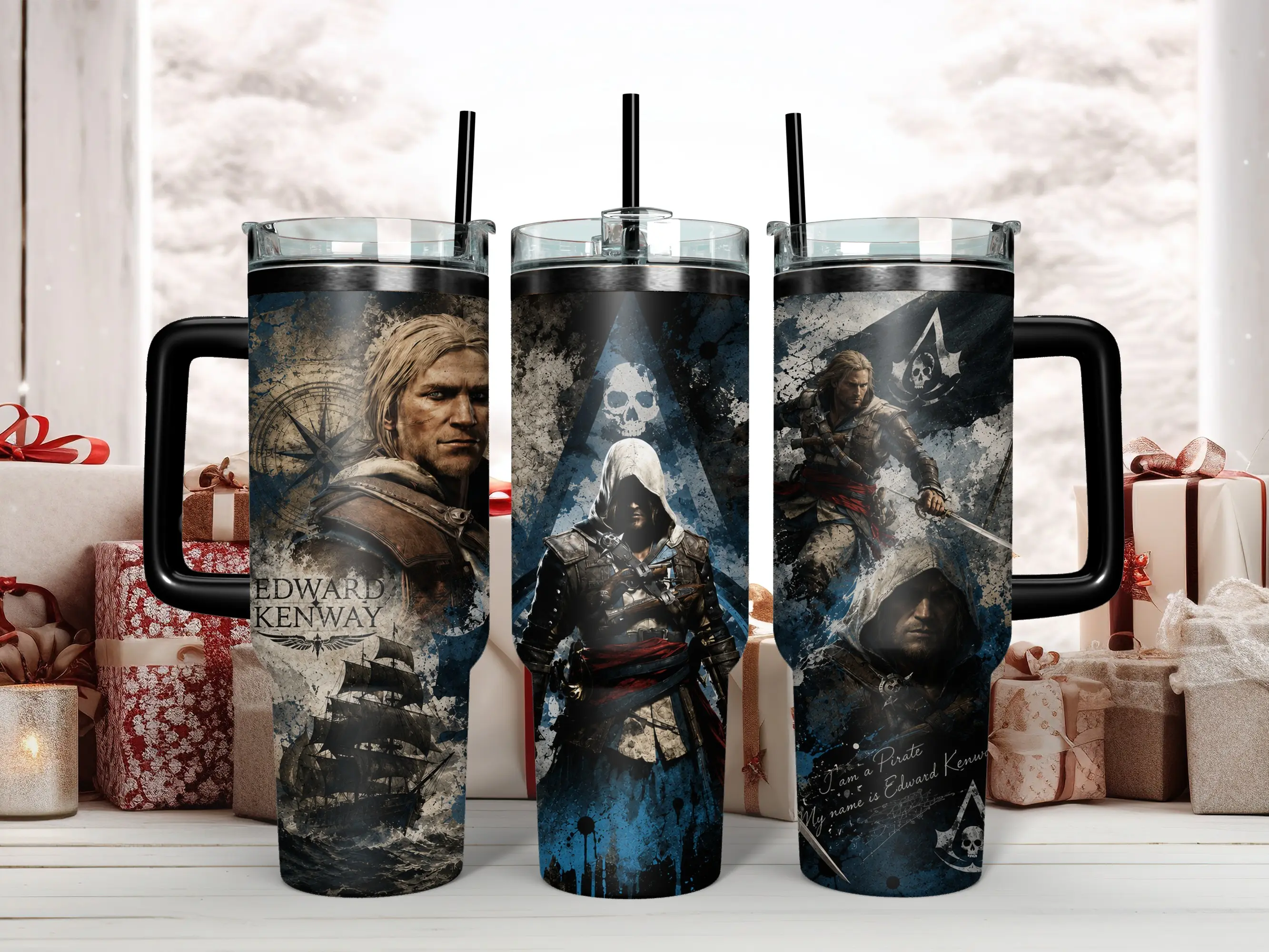 AC Black Flag Resynced Edward Kenway Pirate Tumbler - Epic Blue Grunge Action Graphic Art 40oz Insulated Stainless Steel Travel Mug with Handle & Straw - Perfect Gamer Gift