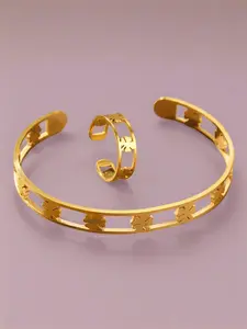 18K Gold Plated Stainless Steel Cuff Bracelet Ring Set, Waterproof Non-Tarnish Clover Charm Jewelry, Stackable Hypoallergenic Open Bangle for Women