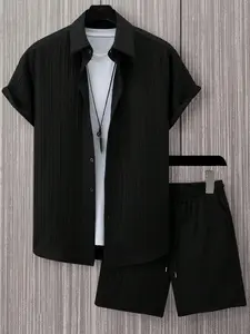 Men's Vintage Casual Fashion Woven Fabric Short Sleeve Shirt Set for Summer, Lightweight Regular Fit Fitted Stylish Aesthetic Tops for Ages 18-54, Outdoor Menswear