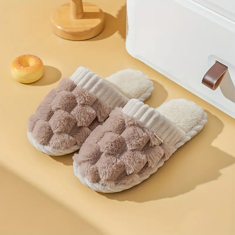 Women's Cute Plaid Design Fluffy Bedroom Slippers, Trending Shoes, Casual Soft Comfortable Home Slippers, House Shoes, Gifts for Her, Non Slip Slippers for Women, Indoor Footwear Grey