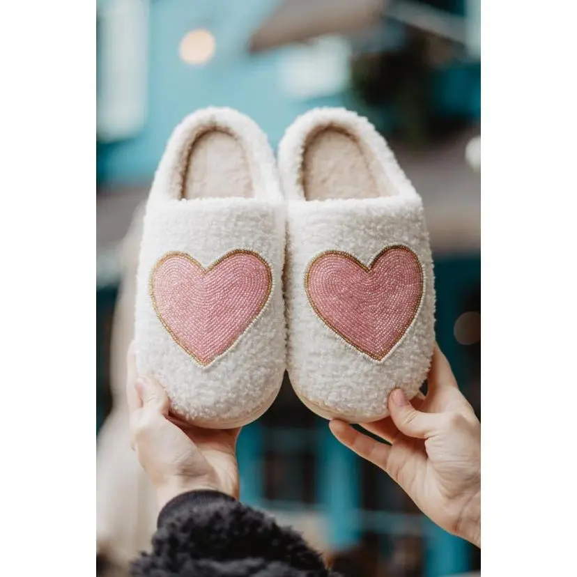 Beaded Pink & Gold Heart Women's House Slippers