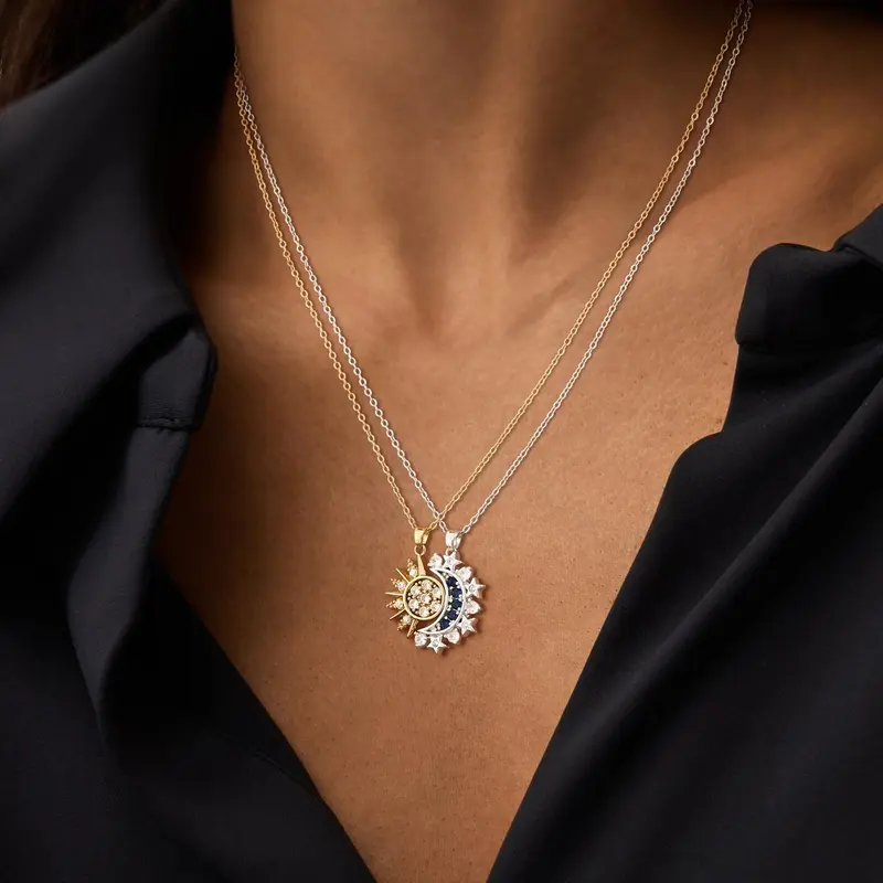 Women's Sun and Moon Magnetic Pendant Necklace - Elegant Copper Golden Sun Motif Jewelry, Lightweight Nickel-Free Unisex Daily Accessory, Exquisite Boxed Gift for Anniversary/Birthday, Golden Sun Motif Necklaces