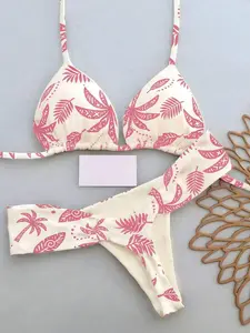 [Summer 2026 Collection] 2pcs Casual Elegant Sexy Bohemian Floral Print Tie-Up Braided Bikini Swimwear, Suitable For Beach Vacation In Spring/Summer Pink