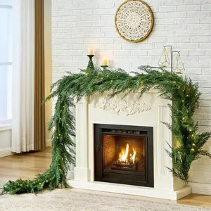 Giggle Christmas Cedar Garland Realistic with Lights - Cypress Decorations 12ft for Mantle Lighted Faux Pine Garlands for Xmas Home Decoration Indoor Stairs Railing Fireplace 12 Ft Outdoor Prelit Door Decor