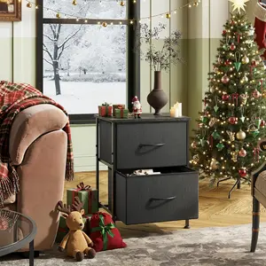 WLIVE Small Dresser with 2 Drawers & Wooden Top, Nightstand with Fabric Bins, Bedside Table End Table for Bedroom, Closet, Entryway, College Dorm