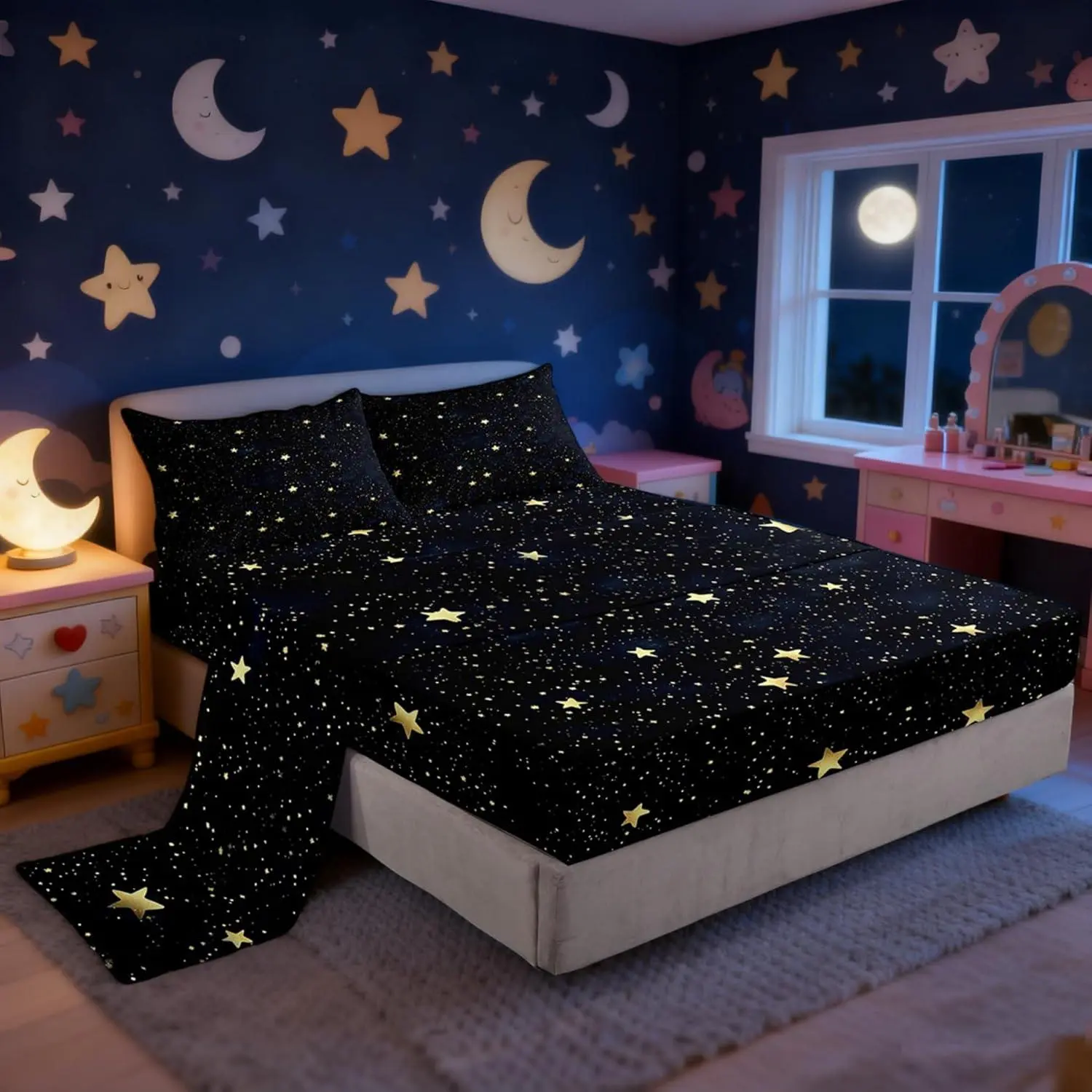 Cartoon Glitter Stars Bed Sheets Golden Starry Galaxy Decorative Sheets Set for Kids Teens Adults Outer Space View Print Dreamy Bedding Set with Flat,Fitted Sheet