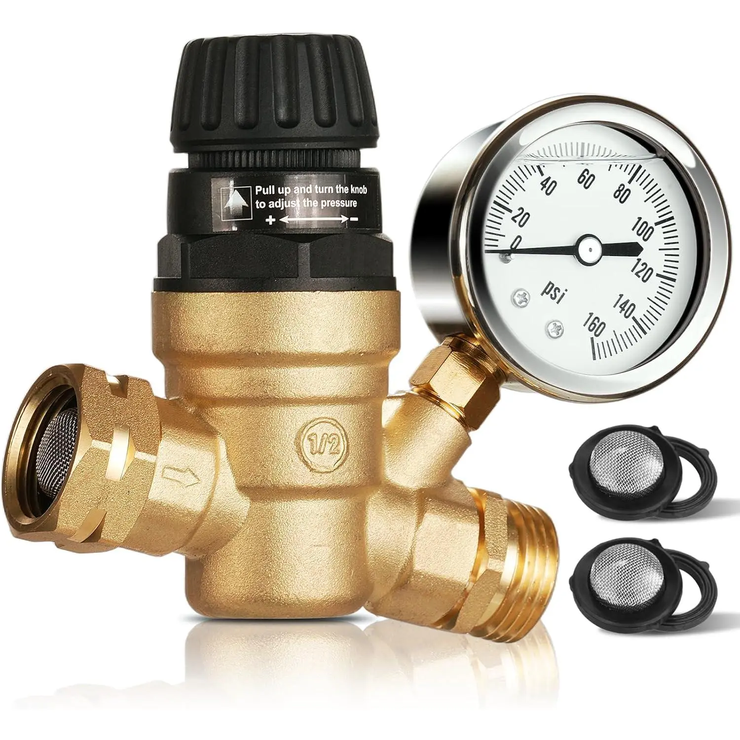 Lead-Free Brass RV Water Pressure Regulator, 0-160 PSI Adjustable Reducer with Gauge, Adjustable Knob, Built-In Filters, Tool-Free Hand Turn, 3/4" GHT Connections, 3/4-Inch GHT for RV, Camping