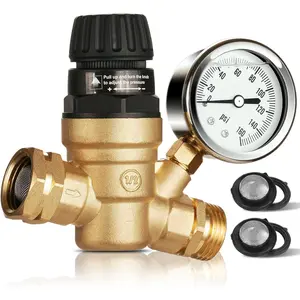 RV Water Pressure Regulator, Brass Lead-Free Adjustable Water Pressure Reducer with Gauge, Tool-Free Hand-Turn 0-160 PSI, 3/4" GHT for RV, Camper, Trailer, Garden Hose