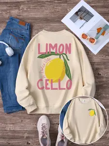 Women's Lemon Print Round Neck Sweatshirt, Casual Long Sleeve Crew Neck Pullover for Spring & Fall, Fashion Women's Top for Daily Wear, Hoodie