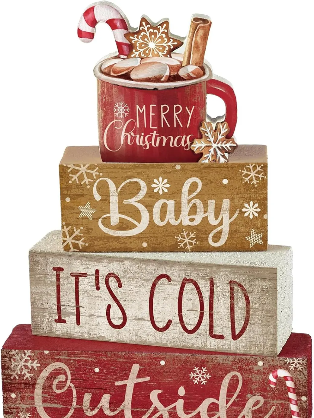 4 Pcs Christmas Table Decor Wooden Hot Cocoa Decoration Christmas Centerpiece Winter Tiered Tray Decor Decorative Red Hot Cocoa Block Signs Gift Farmhouse Xmas Decoration for Home Kitchen
