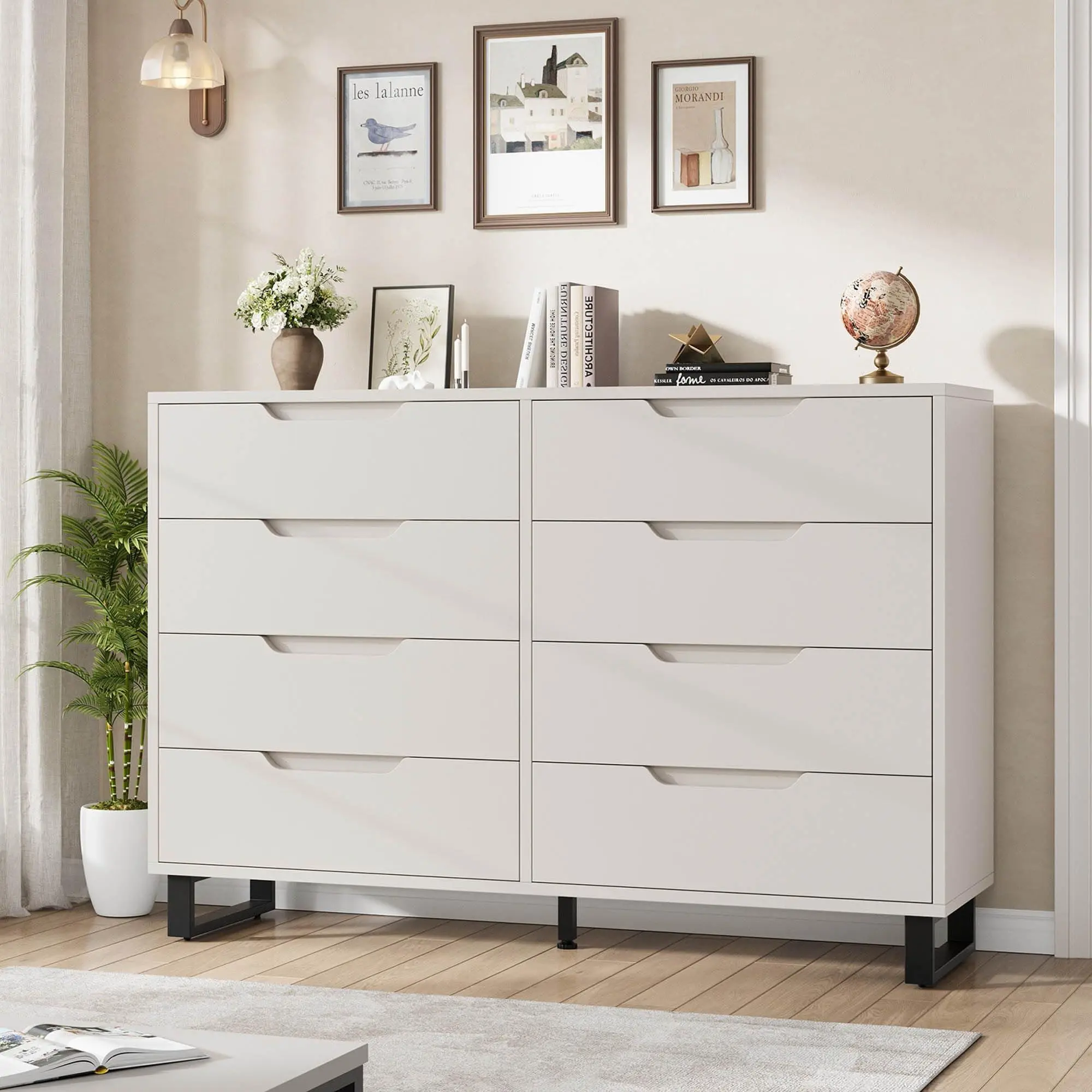8 Dresser for Bedroom, 55" Wide Dresser, Freestanding Horizontal Drawer with Storage, Wooden Closet Chest Storage for Living Room, Hallway, Entryway, White