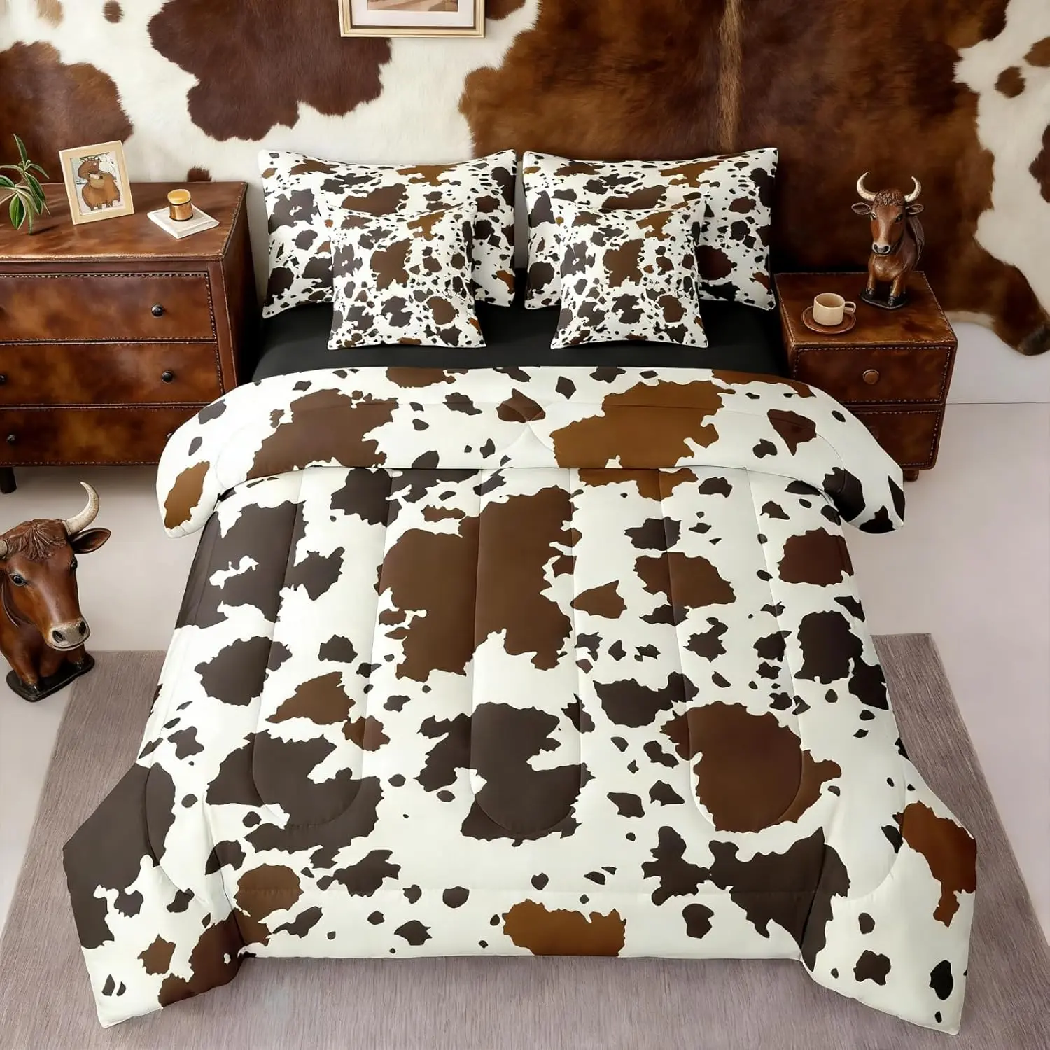 Brown Cowhide Comforter Set with Sheets | Western Animals 7-Piece Bedding Set Black White Longhorn Highland Cow Skin Bed in a Bag,Animal Hide Fur Hair Spot Bed Sets,Cowboy Farmhouse Room Decor