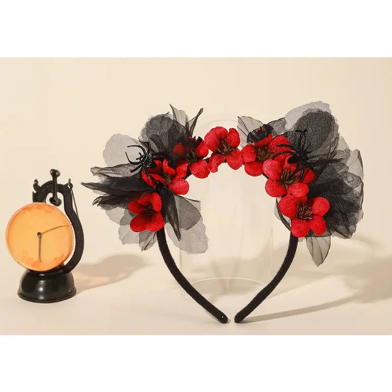 Halloween Decoration Props Dark Red Rose Black Mesh Flower Headband Masquerade Atmosphere Performance Headband 2 Pieces