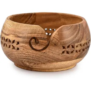 Acacia Wood Yarn Bowl Holder Hand Carved Yarn Bowls for DIY Knitting Crocheting Accessories (7" x 7" x 4")