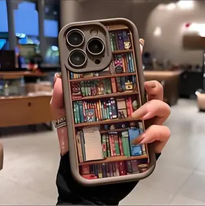 Cartoon Bookshelf Pattern TPU Phone Case for iPhone 16 15 14 Pro Max 13 12 Shockproof Non Slip Military-Grade Protective Silicone Cover