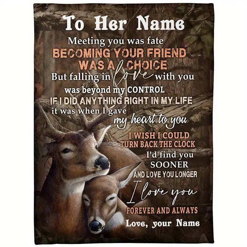 Personalized Sherpa Blanket - To My Wife, Wrinkle Resistant, Love Deer Couple Design, for Adults, Christmas Thanksgiving Gift (Model 95618 PS)