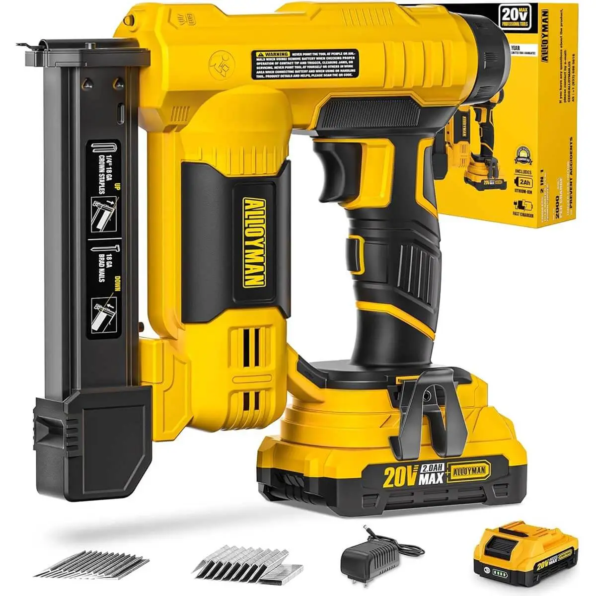 Alloyman 18 Gauge Nail Gun Battery Powered, 2 in 1 Cordless Brad Nailer/Electric Stapler with 2.0Ah Battery and Charger,1000pcs Nails and 1000pcs Stap