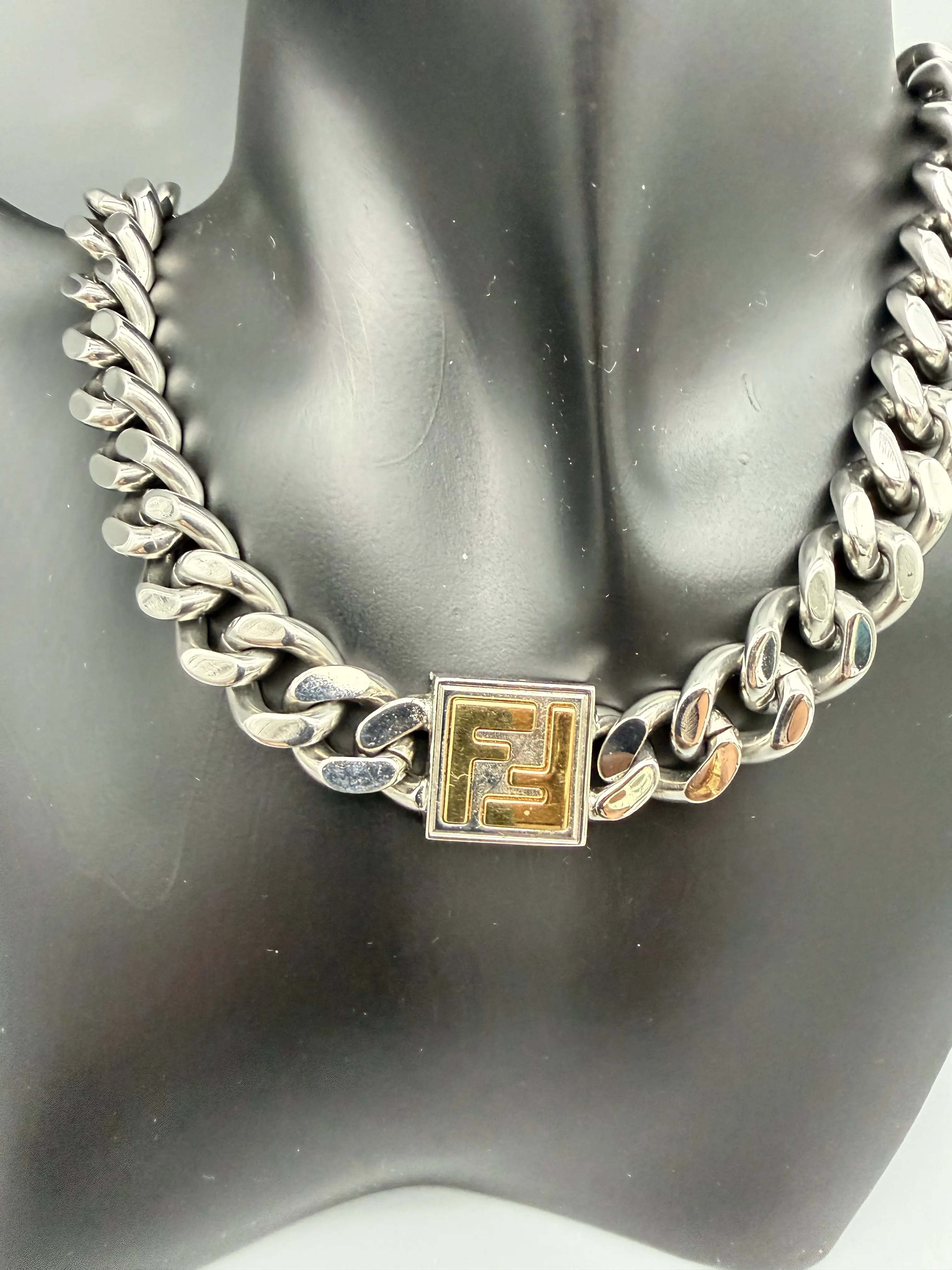 Pre-owned Fendi Silver Tone Chain Necklace with Gold Tone FF Logo Pendant for Men and Women