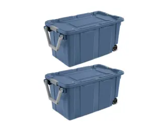 40 Gallon Wheeled Industrial Tote, Rugged Plastic Storage Bin, Latch Lid, Blue, 2 Count