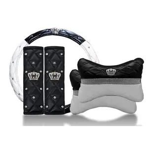 Luxury Litchi Soft Leather Crystal Steering Wheel Cover, with Premium Bling Bling Diamond 15 inch (Black+2 Pack Car Neck Pillow +2 Pack Car Safety Belt Cover Pads)