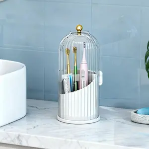 360 °   Spinning Toothbrush & Makeup Brush Organizer, Dustproof, Anti-Slip, Drainage Design, 3 Slots, Transparent Plastic, Bathroom Vanity Countertop