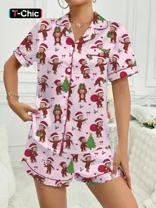 【Christmas pajamas】Cute Monkey Candy Collar Short Sleeve Pajama Set, Fitted Style, Comfortable Sleepwear, Loungewear, Christmas Gift Idea, All Seasons Wear