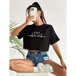 Women's Summer Cropped T-Shirt - Loose Fit Short Sleeve Crew Neck Top with Heart & Heartbeat Graphic Print, Black & White Contrast, Machine Washable Casual Tee, Ladies T Shirts, Casual Attire, Comfortable Fit Shirt, Smooth Texture Fabric, Streetwear S