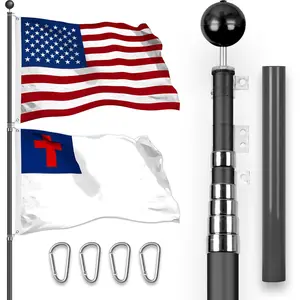G128 Combo Pack: 25 Ft Telescoping Aluminum Flagpole (Black) & American and Christian Flags 3x5 Ft, Both StormFlyer Series Embroidered 220GSM Spun Polyester | Pole with Flags Included