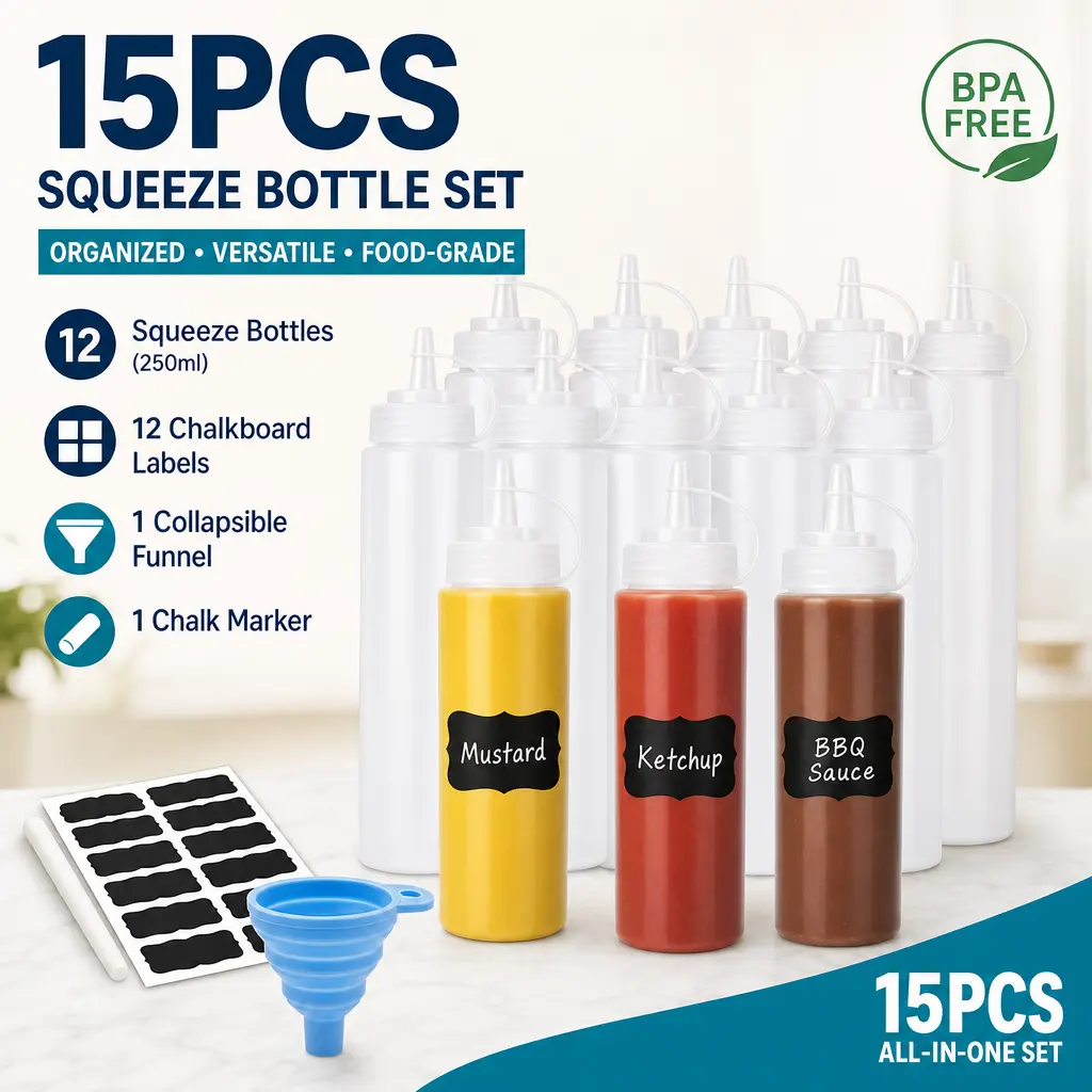 15pcs Silicone Squeeze Bottles with Anti-Leak Lids - 8oz Flexible, Easy-Squeeze Small Condiment Dispensers with HDPE Plastic Components for Kitchen Use, Arts and Crafts, Garage Cleaning (Home & Party Supplies)