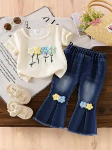 Boho Style Baby Girl 2-Piece Set, Multi-Color Floral Knots Round Neck Short Sleeve Top, Frayed Edge Bell Bottom Jeans Pants, Baby Girl Clothes