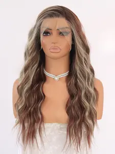 MACA BAKA Caroline Sunkissed Auburn Ash Blonde Ombre Highlight Water Wave Lace Front Wigs with Scandinavian Hairline Straight Drop Low Density 18 Inches Long Reddish Brown Loose Curly HD Synthetic Lace Front Wigs for Women Pre Plucked