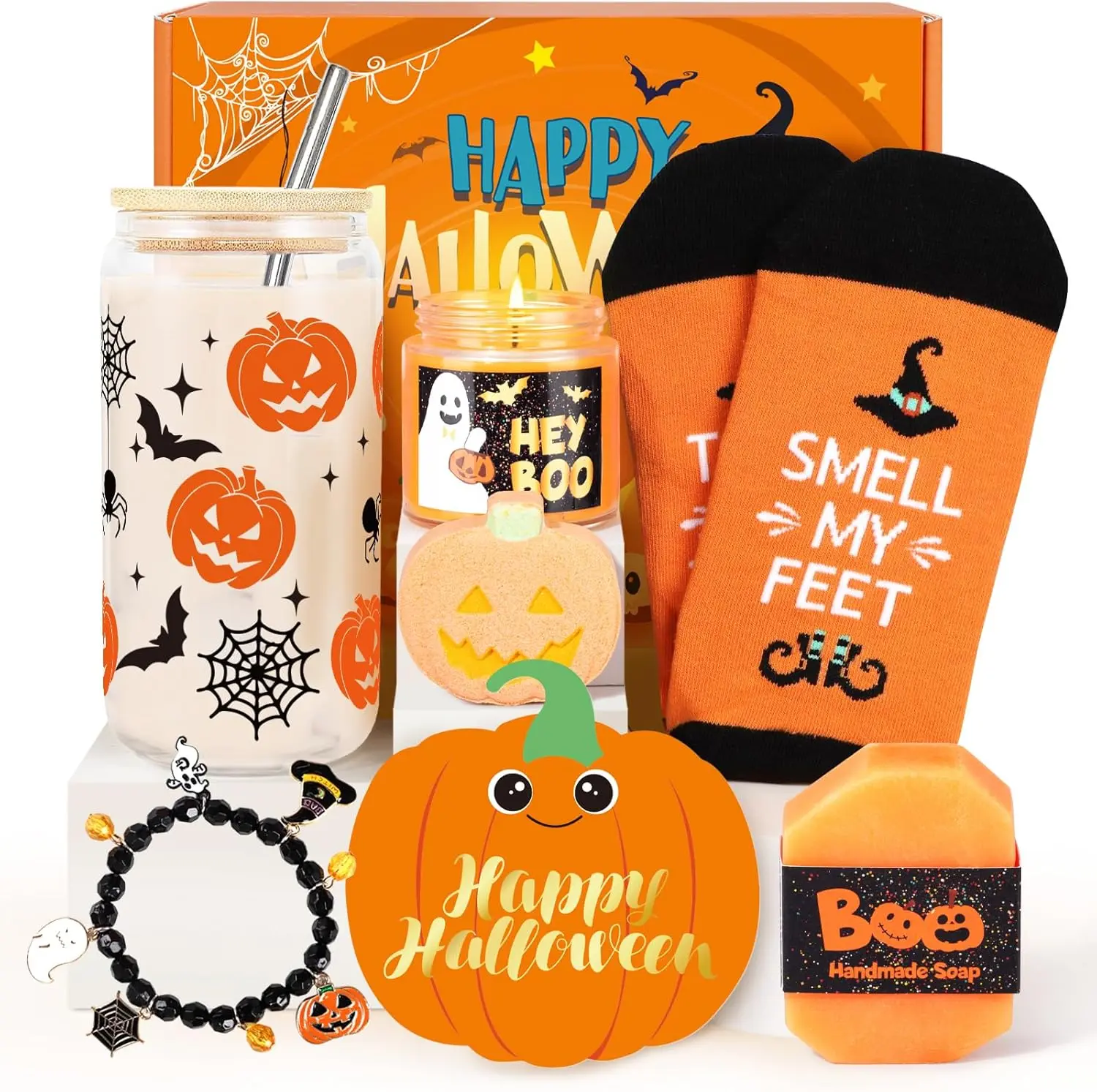 Frerdui Halloween Pumpkin Boo Basket Stuffers for Adults Women, Halloween Glass Cups with Lid and Straw, Pumpkin Mug Cute Halloweens Gifts for Women Her Sister Friend