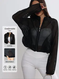 Women's Quick-Dry Mesh Yoga Jacket, Sporty Breathable Outerwear, Long Sleeve, Half Zip, Loose Fit Sports Top, Ideal for Running and Fitness