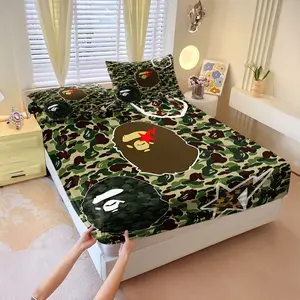 3Pcs Camouflage Pattern Fitted Sheet Set, Military-Inspired Bedding with Stylish Graphic Faces, Bold Green and Brown Design, Comfortable Fabric for Trendy Bedroom Decor and Streetwear Vibe. Includes 2 Pillowcases, No Pillow Core