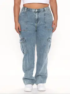 Plus Size Elastic Washed Fashion High Waisted Denim Wide Leg Pants for Women, Casual Versatile Multi-Pocket Jeans for All Seasons