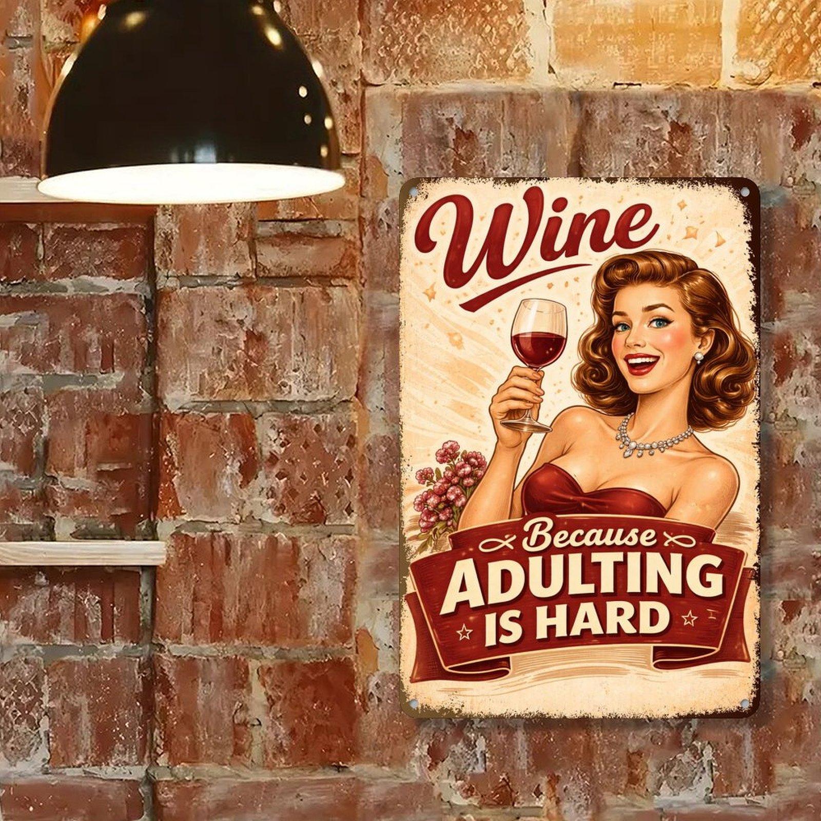 Funny Wine Metal Sign 8x12 Inch Vintage Retro Wall Decor “Wine Because Adulting Is Hard” Kitchen Bar Decor Gift for Women Wine Lovers