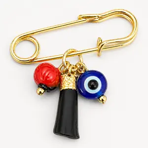 Baby kid Azabache Pin Gold Tone Evil Eye Brooch with Red Bead and Black Horn Spiritual Protection Charm for Newborn Boy